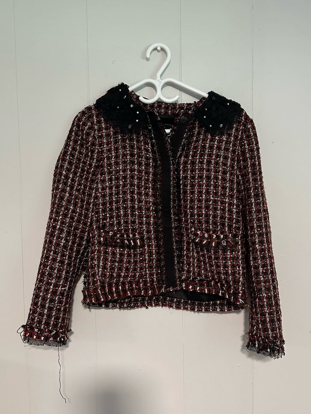 Zara Burgundy & Black Tweed Pearl-Collar Jacket